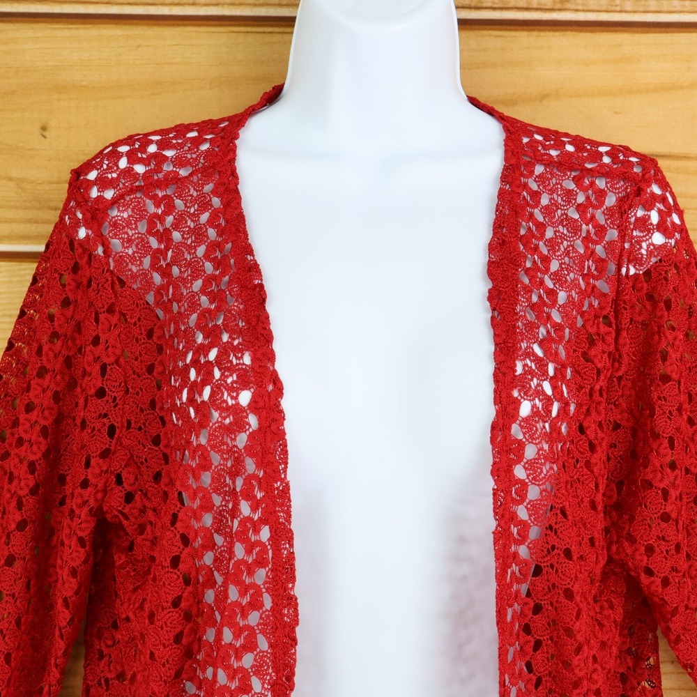 Onyx Apparel Cardigan Sweater Womens Size L Red Geometric 3/4 Sleeves Open Front - Picture 4 of 7